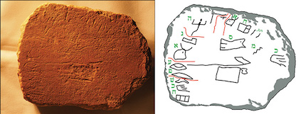 An inscription, dated to 1834 B.C., translated as Wine is more abundant than the daylight, than the baker, than a nobleman. The inscription across the top says: The overseer of minerals, Ahisamach.