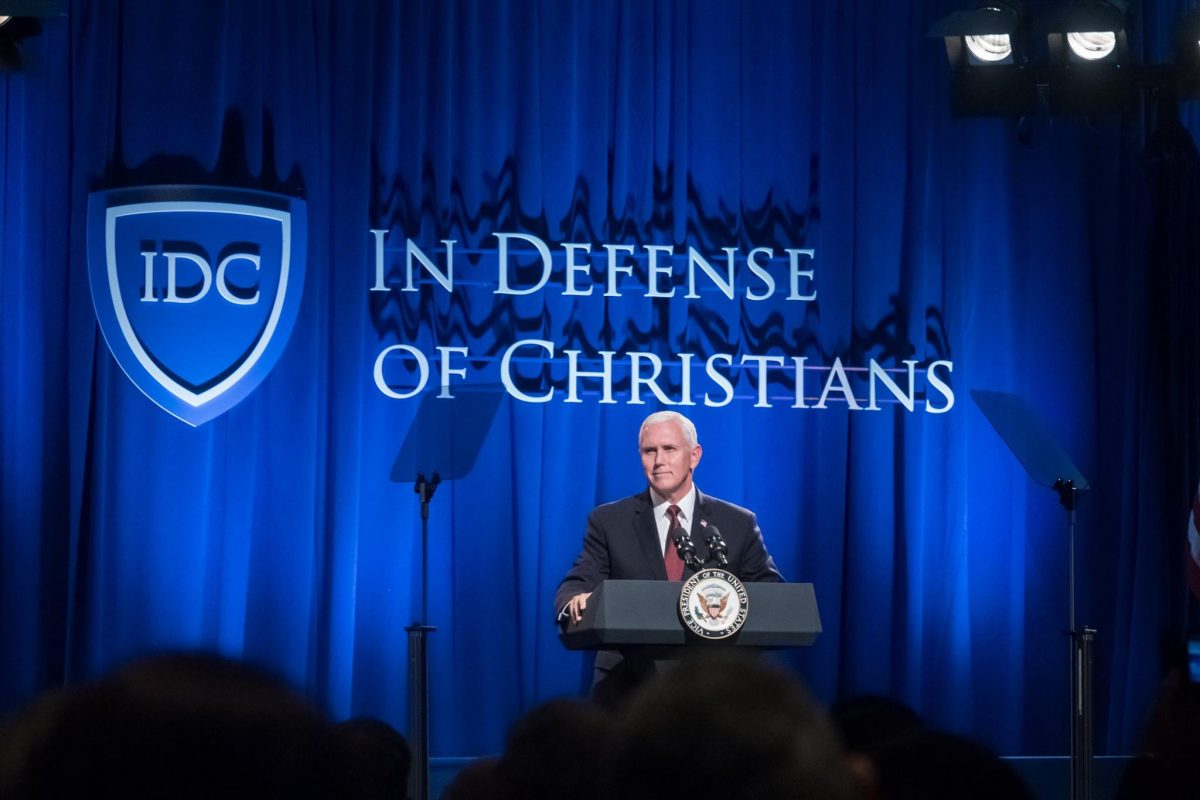 <em>Vice President Mike Pence delivers the keynote address during the annual In Defense of Christians Summit in Washington on Oct. 25, 2017. (In Defense of Christians via Facebook)</em>